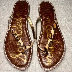 Sam Edelman Gracie Leopard Flip Flops Sandals Size 7.5 Brown Animal Print Gold